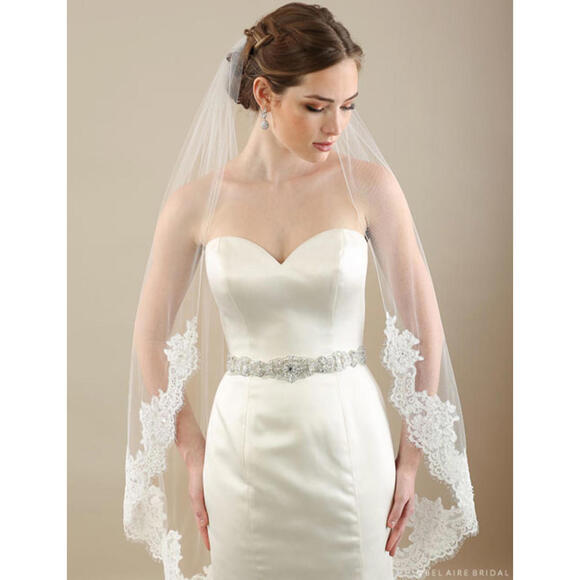 White bel aire bridal veil Wedding v7300 alencon lace edge